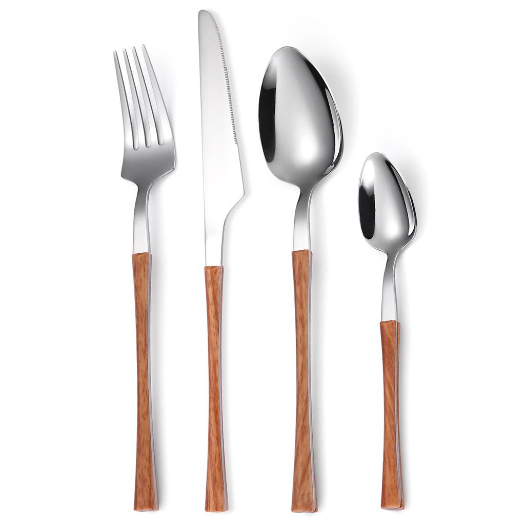 Набор столовых приборов из нержавеющей стали золотистого цвета из четырех предметов: нож, вилка и ложка с пластиковой ручкой, принадлежности для креативной кухни и отелей.