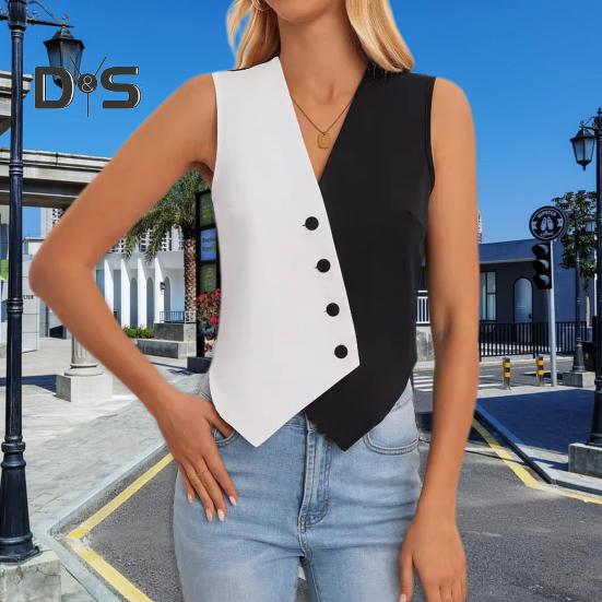 Женский жилет на пуговицах без рукавов, черно-белый костюм с цветными блоками, жилет-перекресток с v-образным вырезом, повседневный короткий топ для повседневной носки, свиданий на улице