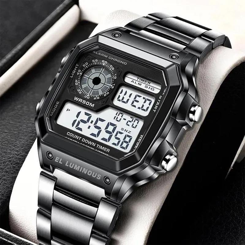 Наручные часы из нержавеющей стали, мужские цифровые спортивные часы с квадратным лицом и будильником, секундомер