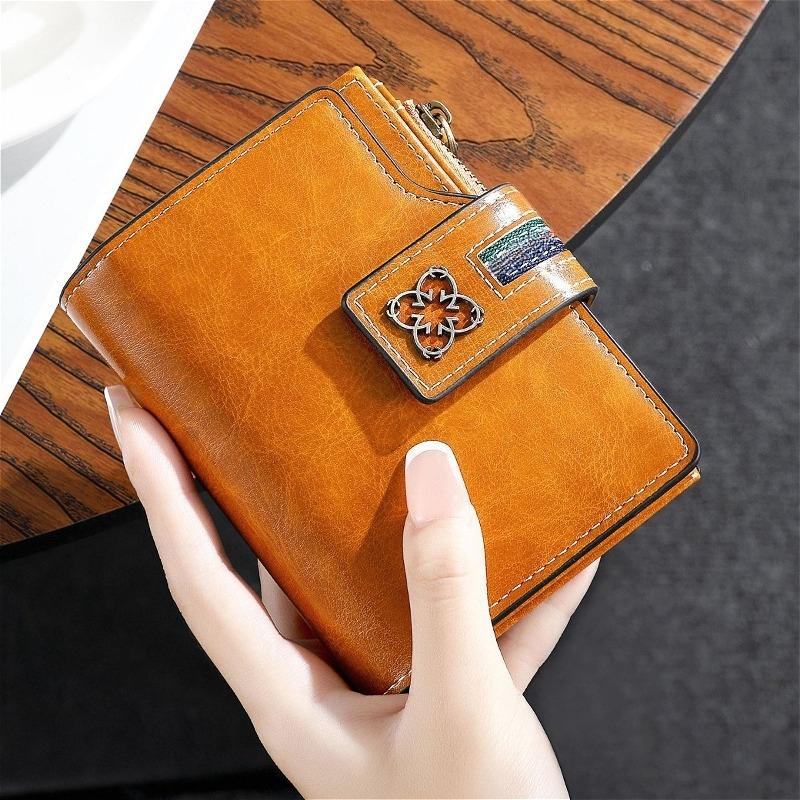 Женский короткий кошелек RFID-держатель для карт Ретро кошелек из кожи с восковым покрытием Большая вместимость Тройного сложения Множество отделений для карт Окно для ID Карман на молнии для монет Складная сумочка