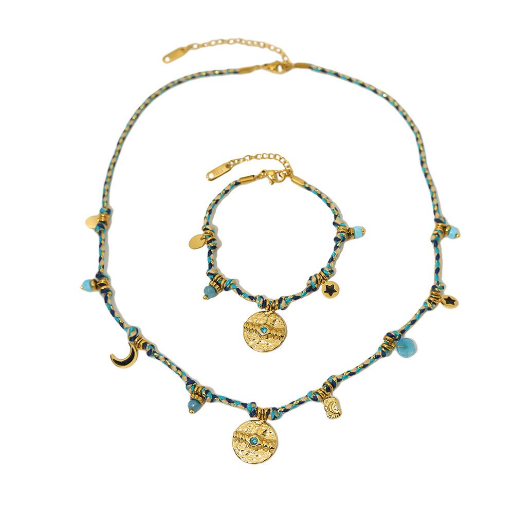 Bohemian French Retro Jewelry Set: Colorful Cotton Rope Necklace & Braided Bracelet