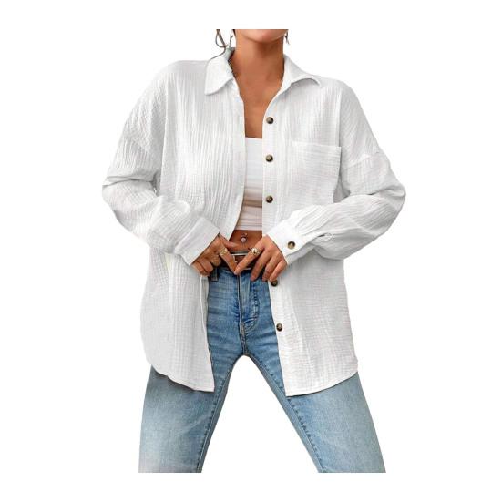 Women Casual Shirt Lapel Long Sleeve Button Down Casual Top with Patch Pocket Solid Color Loose Fit Blouse Work Leisure Daily Wear