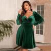 Повседневные платья с длинными рукавами Сплошное платье Женское зеленое бархатное платье с глубоким V-образным вырезом Свободное платье с высокой талией Платье больших размеров Пригородные платья