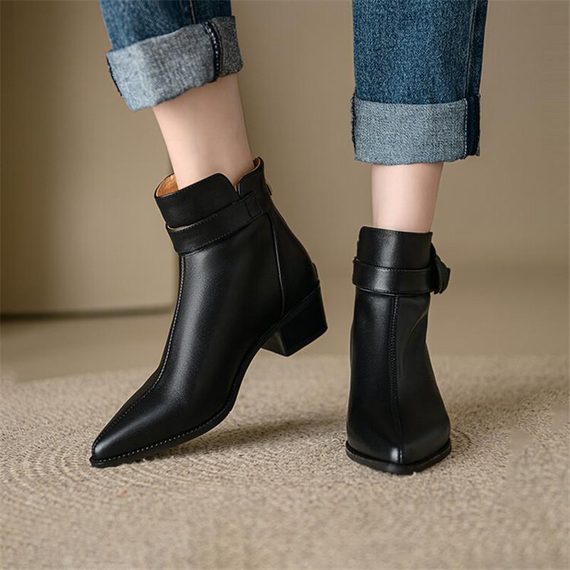 Fashion 2025 Autumn Genuine Leather Women Boots Pointed Toe Chunky Heel Boots for Women Fashion Ankle Boots Winter Boots Zapatos Mujer