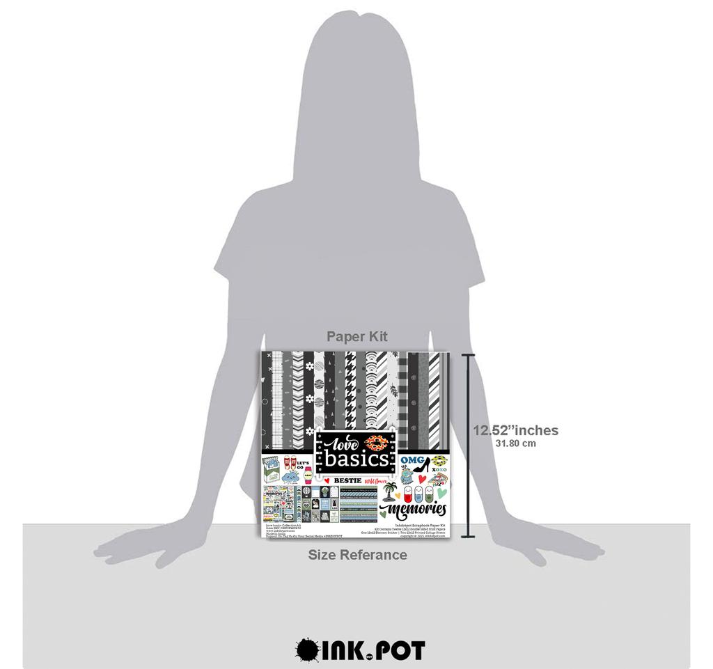 Inkdotpot Love Basics Collection Double,Sided Scrapbook Paper Kit Cardstock 12"x12" Card Making Paper Pack Of With Sticker Sheet - 16 Pages - White &