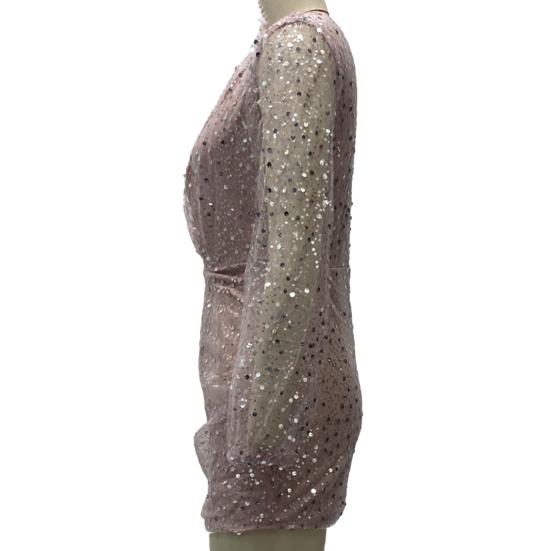 Women's Sexy Sequin Bodycon Dress Sheer Long Sleeve Deep V Neck Mini Dress Sparkly Evening Party Dress for Night Clubs