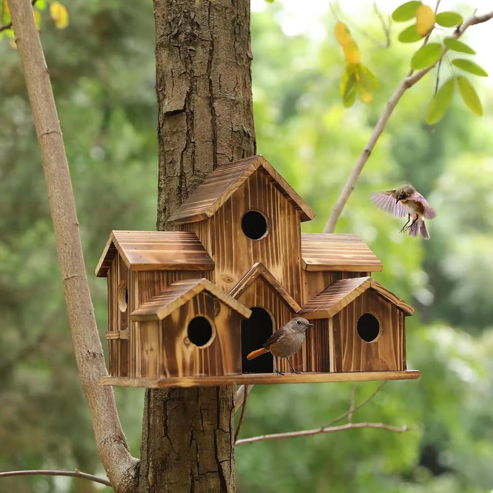5Hole Bird House Room Wood Families Bluebird Finch Cardinals Hanging Birdhouse For Garden Waterproof And Wear-resistant Sup O0P1