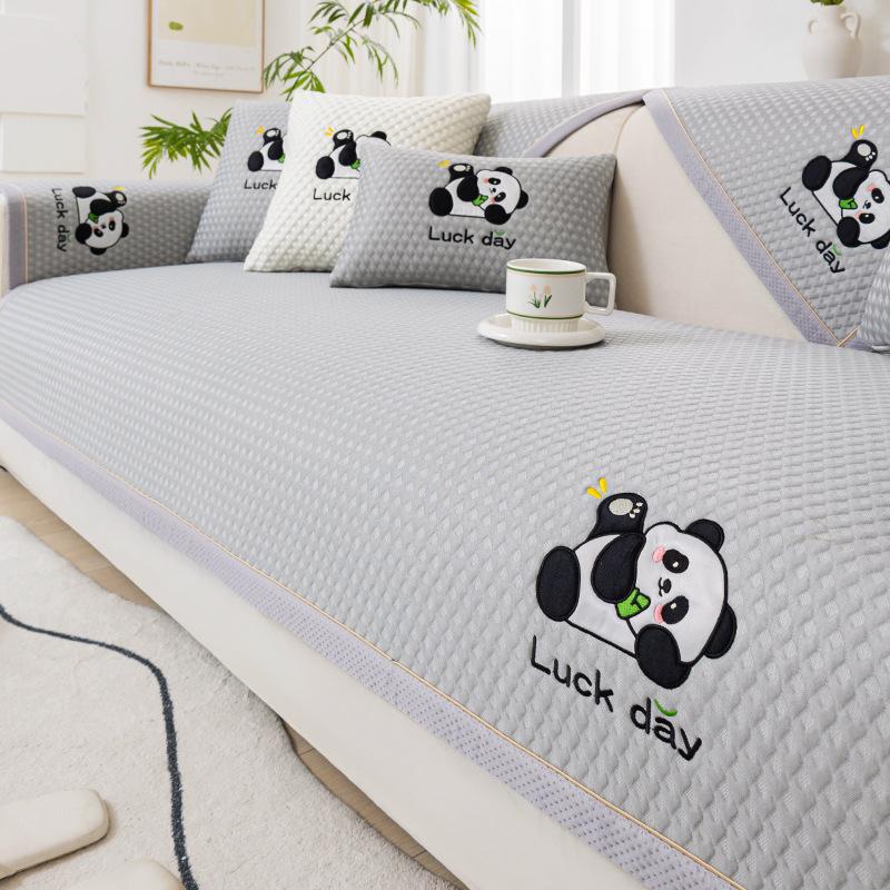 Summer Ice Silk Sofa Cover Panda Embroidered Cartoon Couch Cushion Home Decor Settee Cushion Solid Color Cool Feeling Sofa Cover