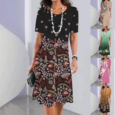 Летнее женское круглое шея с коротким рукавом и принтом, модное свободное платье миди