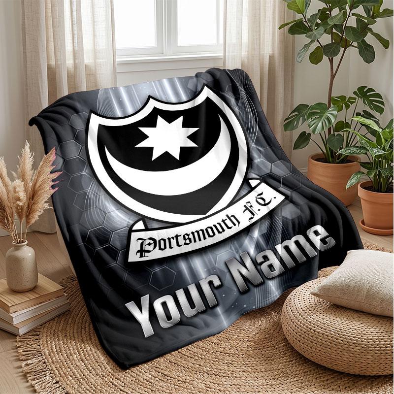 Portsmouth FC Custom Name Text Flannel Blanket Soccer Logo Personalized Fleece Throw Blanket Special Gift For Sofa Bedroom Home