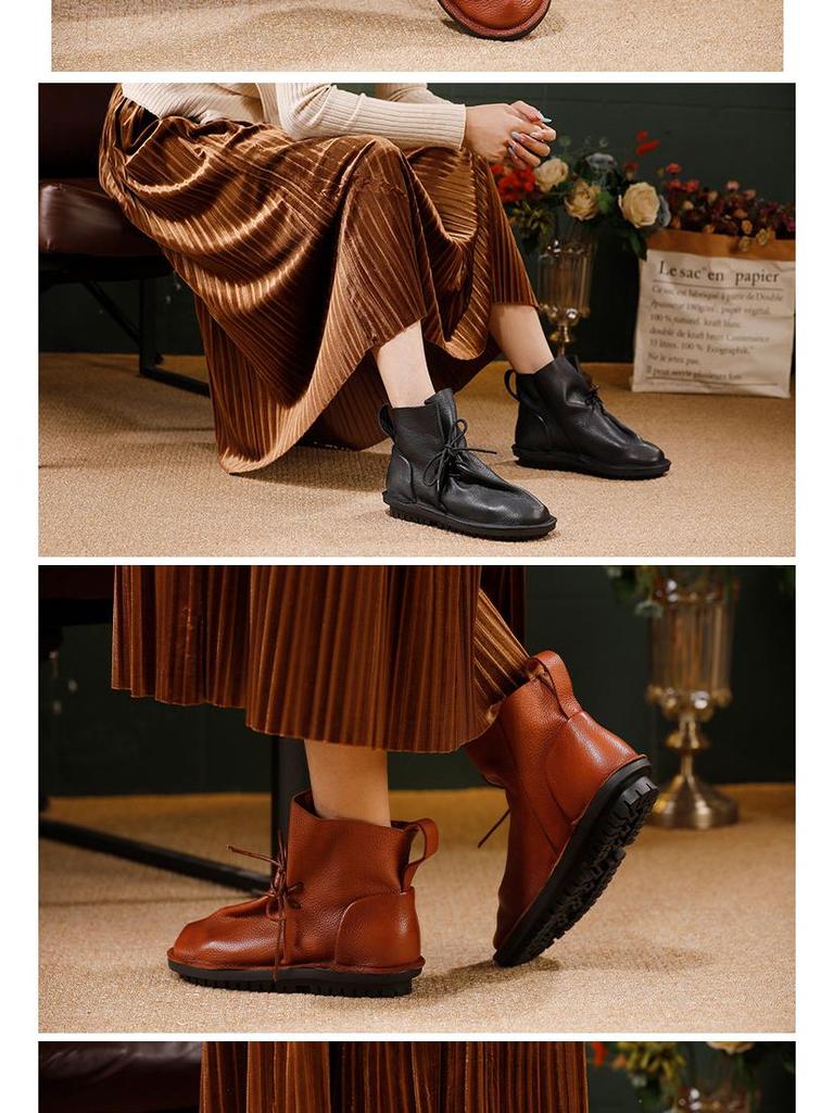 2025 Women's Retro Slouch Boots - High-End Cowhide, Soft Sole, Flat Heel Casual Short Boots