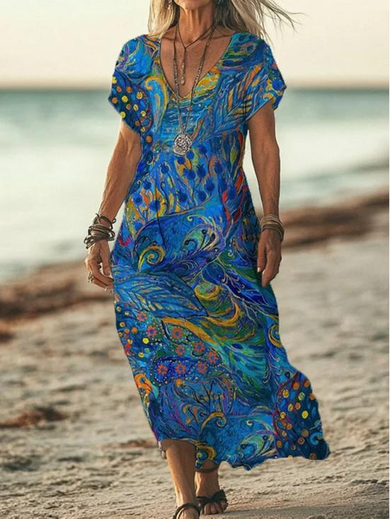 Bohemian Retro Print Raglan Sleeve Summer Maxi Dress