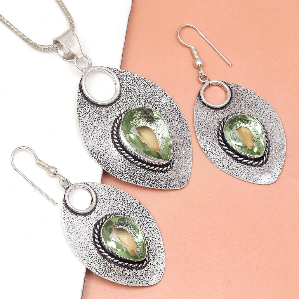 Green Amethyst Gemstone Mother's Day Jewelry Pendant Earring Set