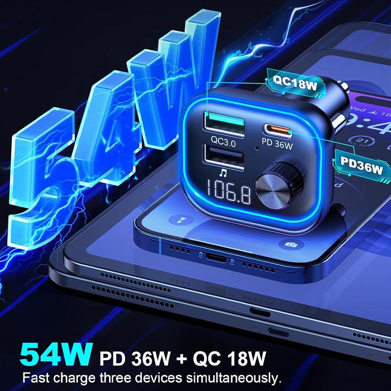 FM-передатчик Bluetooth 5.3 автомобильный адаптер 54 Вт Макс с PD36W и USB-приемником для быстрой зарядки, функцией громкой связи, USB-плеером