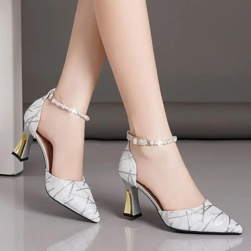 Fashion Beads Pumps Pointed Tip Women's High Heels Heeled Sandals Woman Luxury Womens Shoes Woman 2025 Trend Mary Jane Shoes Heel