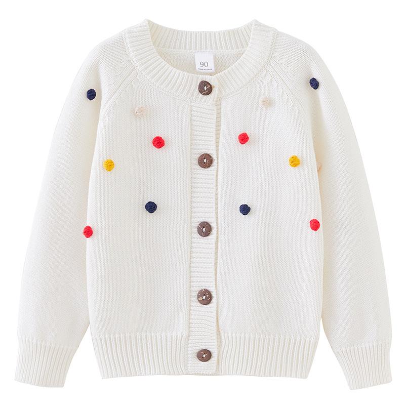 Spring and Autumn Children's Clothing Round Neck Children's Handmade Colorful Ball Knitted Cardigan Girls Cotton Sweater Cardigan Jacket