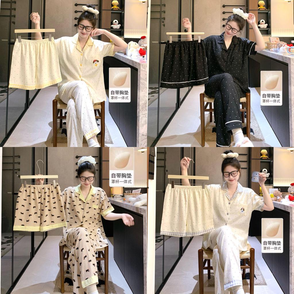 Cloud Cotton Sleepwear Set For Women With Chest Padding Summer Casual Homewear For Girls