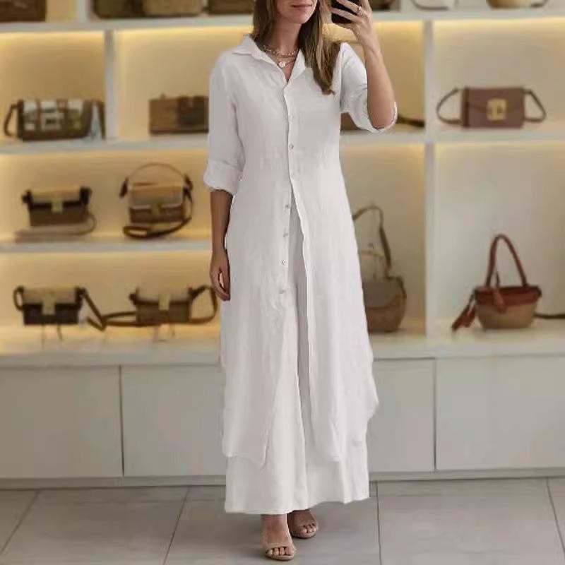 Женский летний, весенний и осенний элегантный хлопковый и льняной костюм с приталенными широкими брюками и длинными рукавами