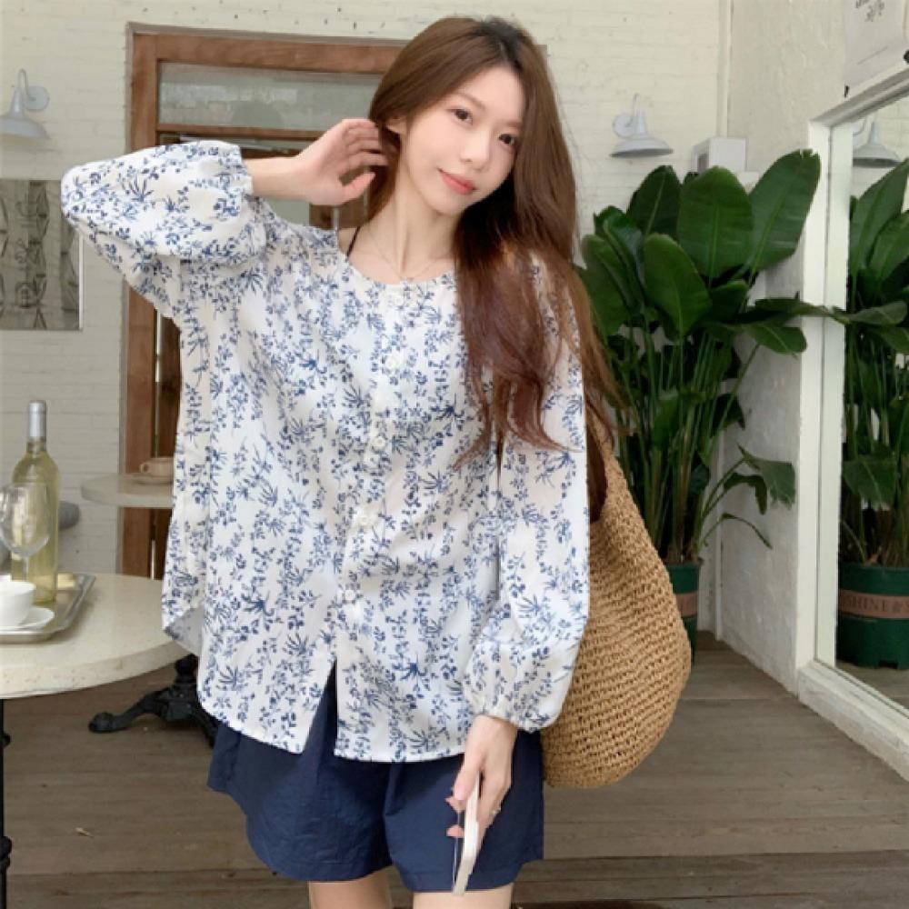 New Arrivals Open Run Women Loose Fit Long Sleeve Blouse Floral No Collar