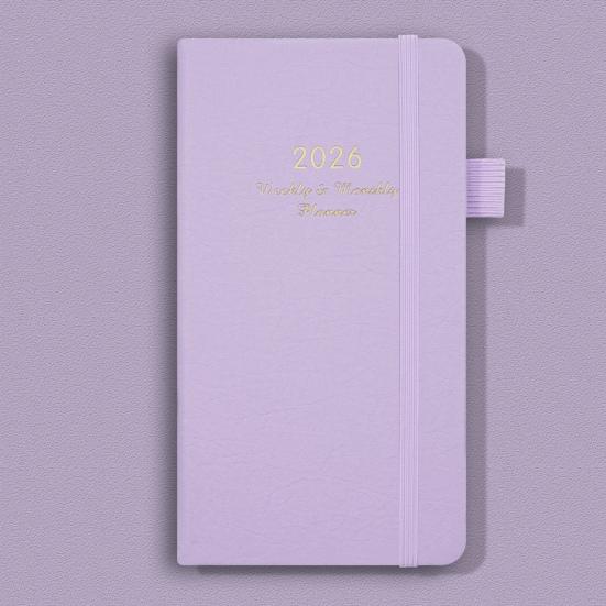 2026 Pocket Planner with Elastic Strap Pen Loop Ribbon Bookmark Weekly Monthly Academic Planner 12 Months Schedule Management Hardcover Notebook
