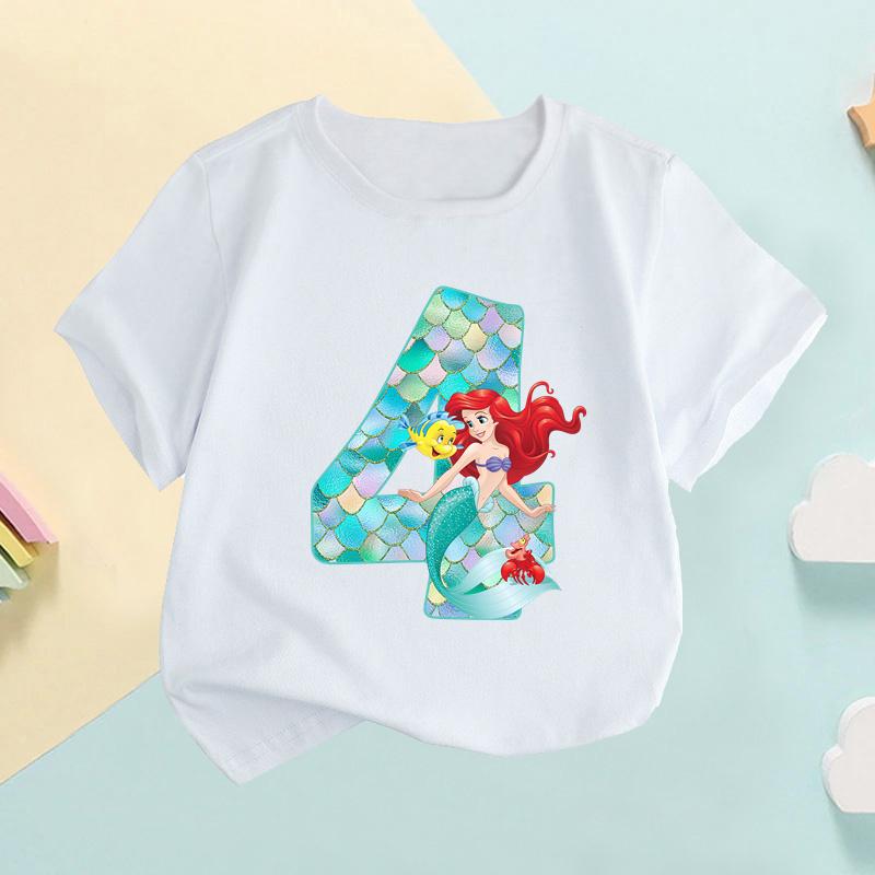 The Little Mermaid Ariel Princess Number Print Girls Clothes 1 2 3 4 5 6 7 8 9 Years Birthday Kids T Shirt Baby T-Shirt