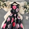 Summer Fashion Flower Vest Midi Dress Women's Sleeveless O-Neck Tank Floral Print Slim A Line Ball GownWomen Dresses