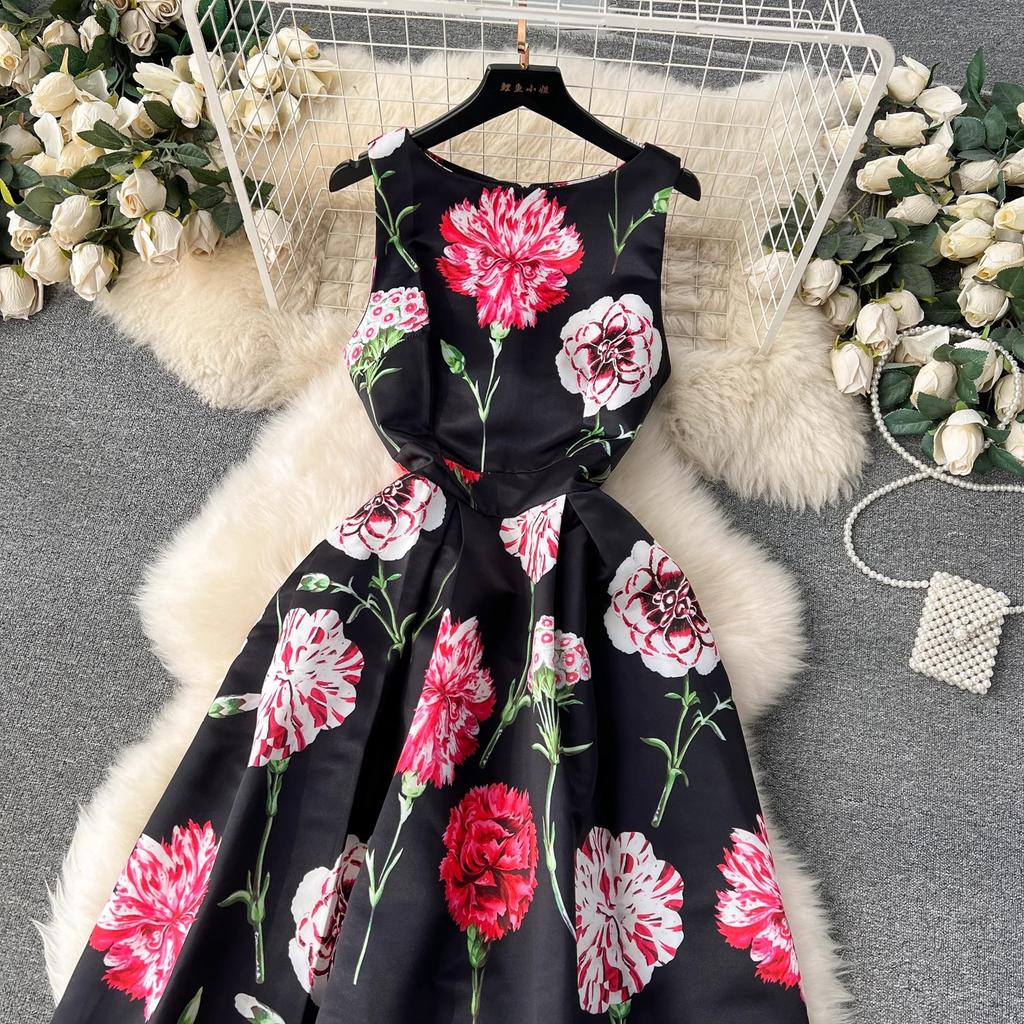 Summer Fashion Flower Vest Midi Dress Women's Sleeveless O-Neck Tank Floral Print Slim A Line Ball GownWomen Dresses