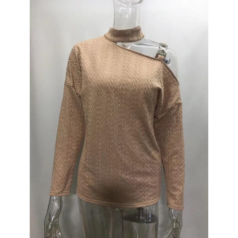 Осенне-зимняя мода Сексуальный пуловер с цепочкой на косое плечо Топы С открытыми плечами С длинными рукавами Повседневная простая уличная блузка Вязаный однотонный свитер с высоким воротом