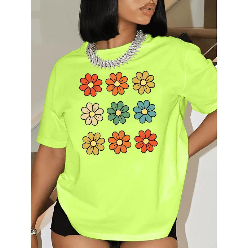 Summer Round Neck Floral Print Top Fashionable Casual Short Sleeved Women's Pure Cotton T-shirts