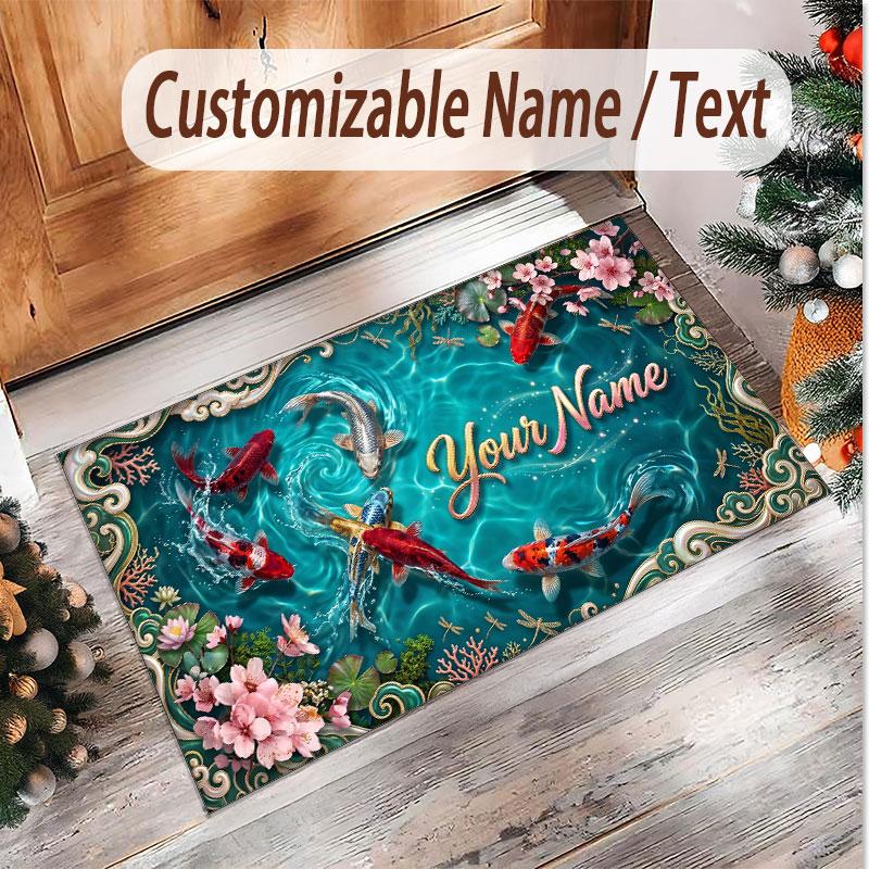 Koi Fish Theme Soft Crystal Velvet Rug Custom Name & Text Print Non Slip Floor Rug for Bedroom Living Room