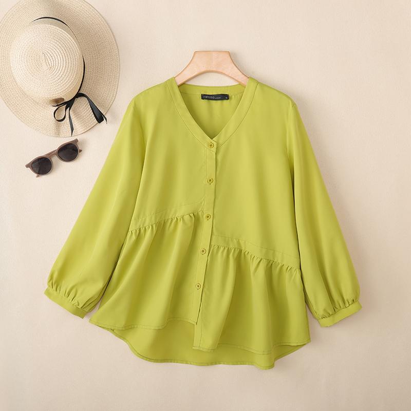 ZANZEA Женская повседневная однотонная свободная блузка с V-образным вырезом и длинным рукавом