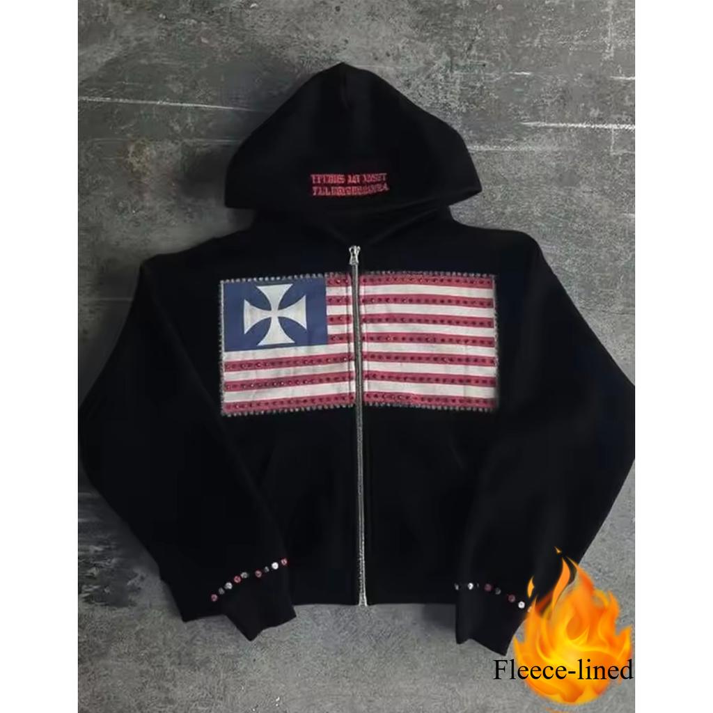 RogueWave Американская Мода Уличная Одежда Готический Флаг Стразы Вышивка Толстовка на Молнии Y2k Сплайсинг Оверсайз Свободный Хлопковый Свитшот