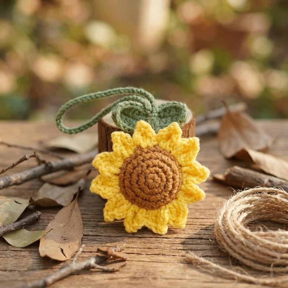 Cotton Crochet Sunflower Pendant Fabric Bag Lanyard Charm Cute Knitted Keychain  Daily