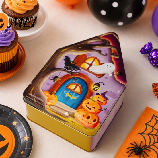 Decorative Party Favor Boxes Halloween Tin Candy Box, Haunted House Pumpkin Bat Print Metal Storage Jar Containers for Candies Favors, Small
