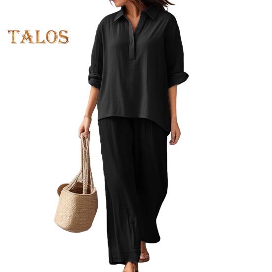 Женский комплект из хлопка и льна, повседневный топ с V-образным вырезом и короткими рукавами, широкие брюки, летние свободные наряды для отдыха