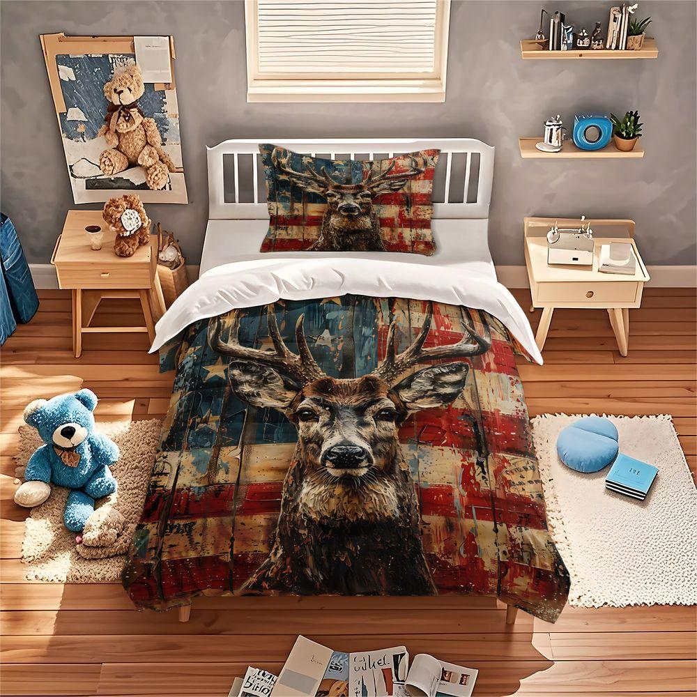 2/3Pcs American Flag Deer Print Duvet Cover Set 1 Duvet Cover & 1/2 Pillowcase Rustic Cabin Bedding Set Farmhouse Home Decor
