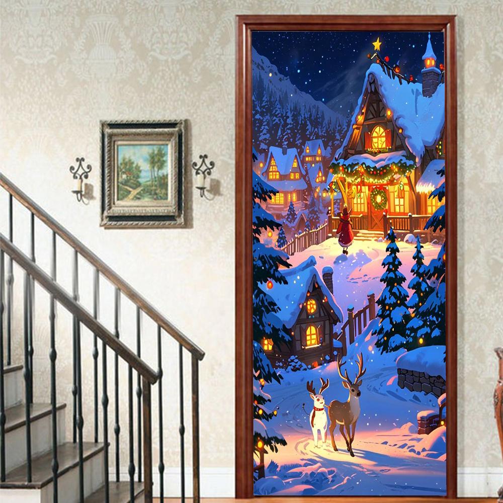 Рождественский Дед Мороз ПВХ Самоклеящаяся Водонепроницаемая Наклейка на Дверь Современная Имитация Фреска Обои Гостиная Кабинет Домашний Декор Искусство Постер на Дверь