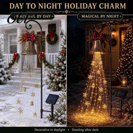 Festive Pathway Lighting Christmas Bell Cascade Solar Light, Garden Stake Light with Warm Glow LED Waterfall Lawn Ornaments Effect, Powered