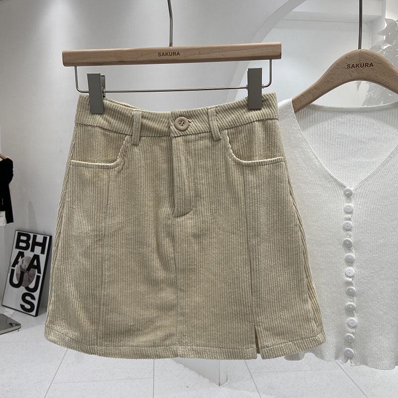 Petite High Waist Corduroy Bodycon Midi Skirt – Women's Autumn/Winter A-line Slit Skirt