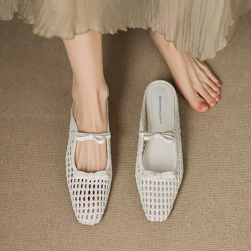 Krazing Pot Straw Weaving Mules Summer Size 42 Bowtie Gold Silver Color Thick Low Heels Women Women Square Toe Sandals