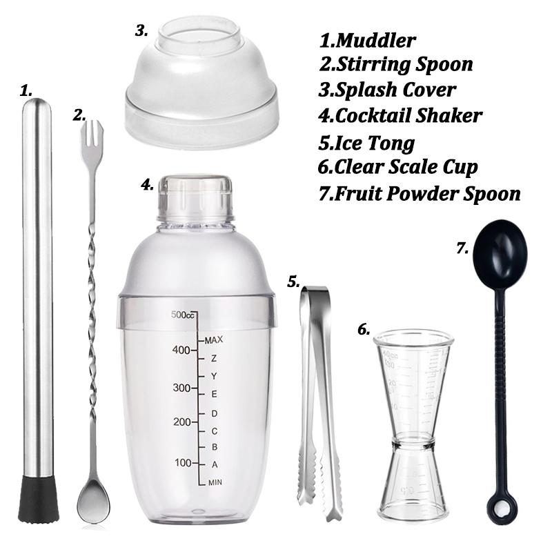 500ml Plastic Cocktail Shaker Home Milk Tea Drink Wine Mixer Shake Bottle with Bar Bartender Barware Kettle Tool Set for Party