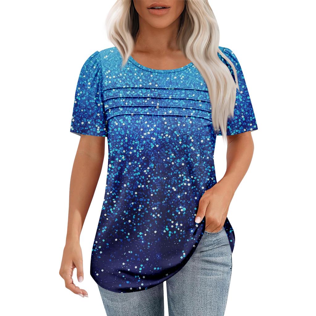 Ladies' Fashionable Printed Round Neck Pleated Short Sleeved Shirt