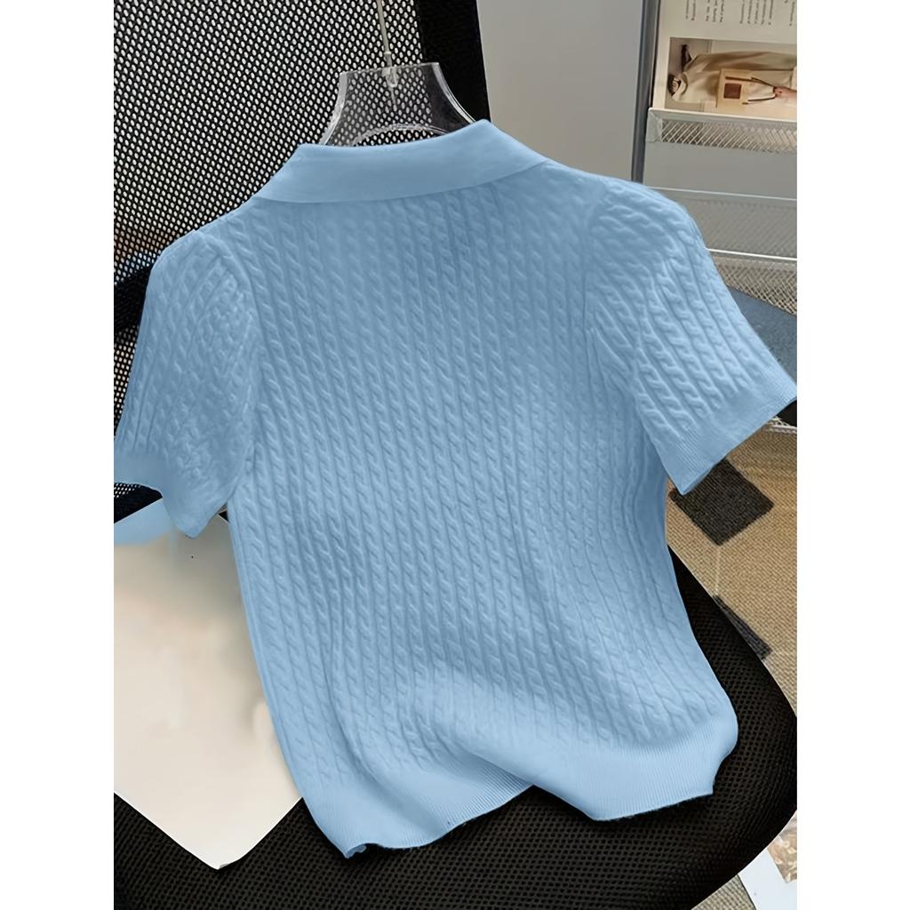 Temperament Lapel Ice Silk Knit Top Летняя свободная тонкая футболка с короткими рукавами