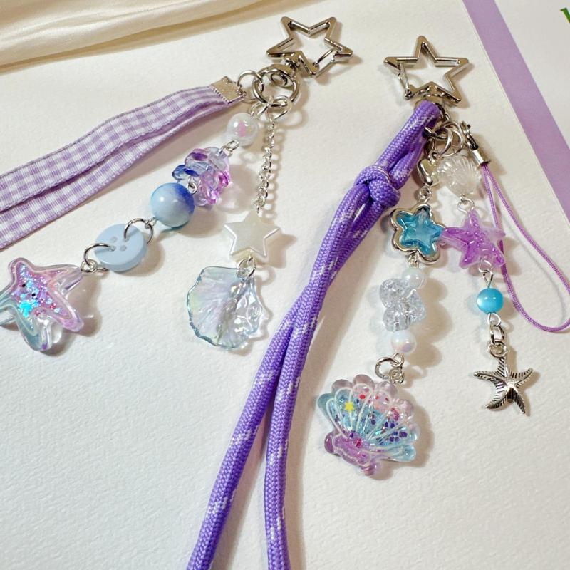 Sweet Purple Shell Star Dolphin Keyring Beaded Keychain Phone Chain Backpack Bag Pendant Charm Car Key Decoration Accessories