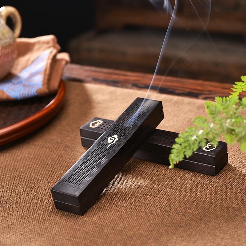 Ebony Carving Reclining Incense Holder with Auspicious Cloud Pattern - Purple Ebony Incense Burner Box for Home Use.