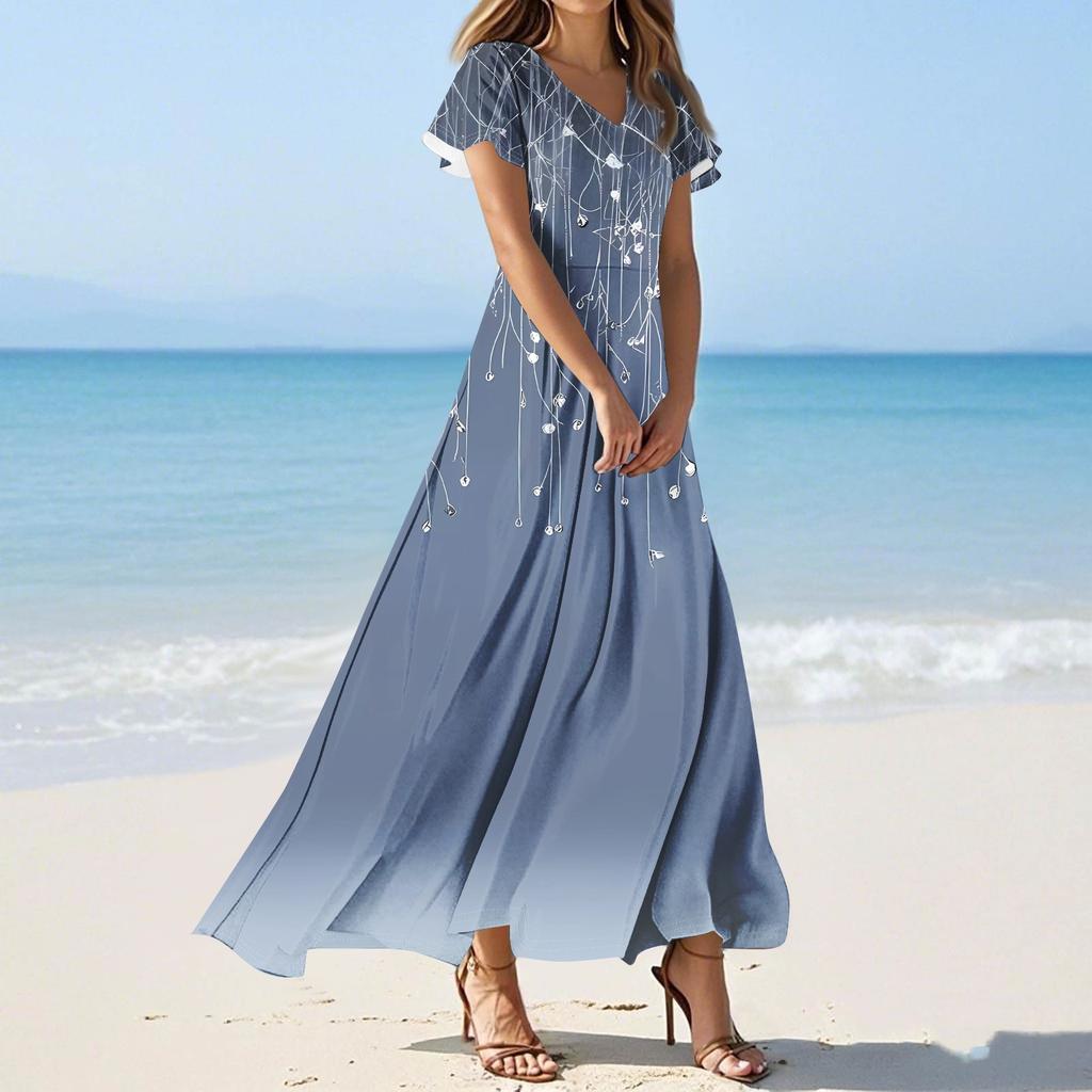 Женские повседневные модные длинные платья с принтом, платья с V-образным вырезом и коротким рукавом