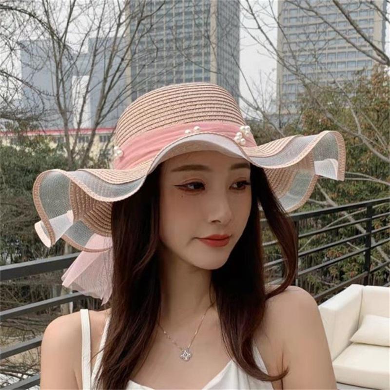 1PC Women Foldable Floppy Straw Hat Pearl Silk Ribbon Wide Brim Sun Hat Beach Cap Summer Sunshade Visors UV Protection Travel Hats Bucket Caps