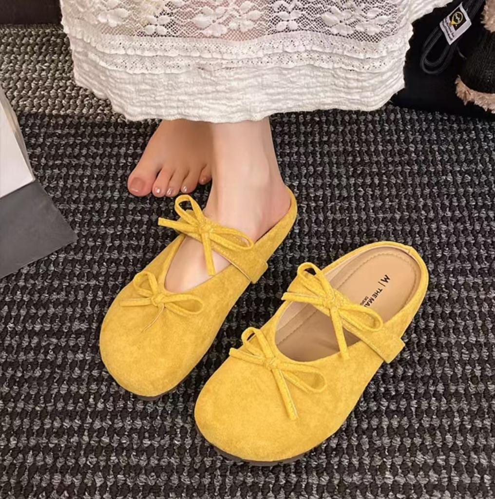 Double Bow Bag Head Slippers Women's 2025 Autumn New Fashion Casual Suede Flat Bottom Solid Color Half Drag Women