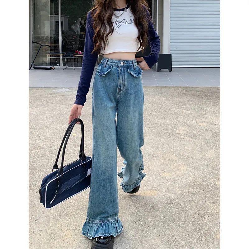 Джинсы прямого кроя в американском стиле с высокой талией и игривыми оборками, модные и облегающие