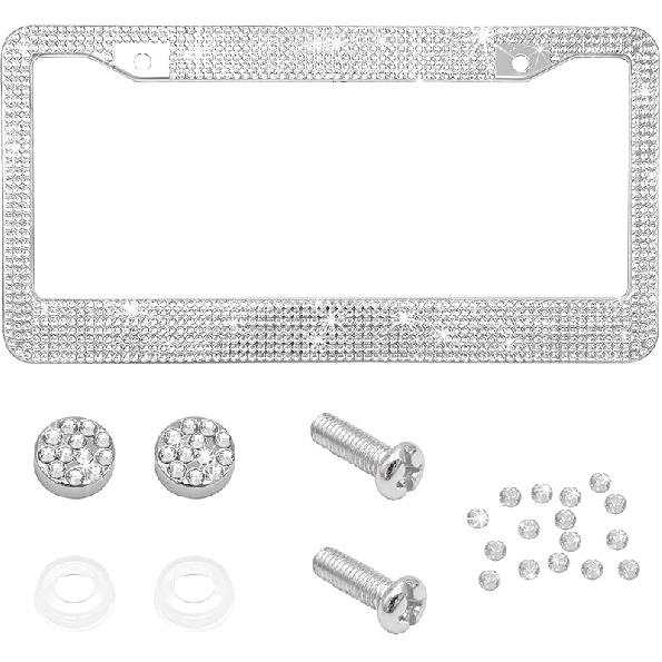 Bling Car License Plate Frame, Handcrafted Rhinestone License Plate Frame With Glitter Screw Caps, Sparkly Bedazzled Diamond Stainless Steel License
